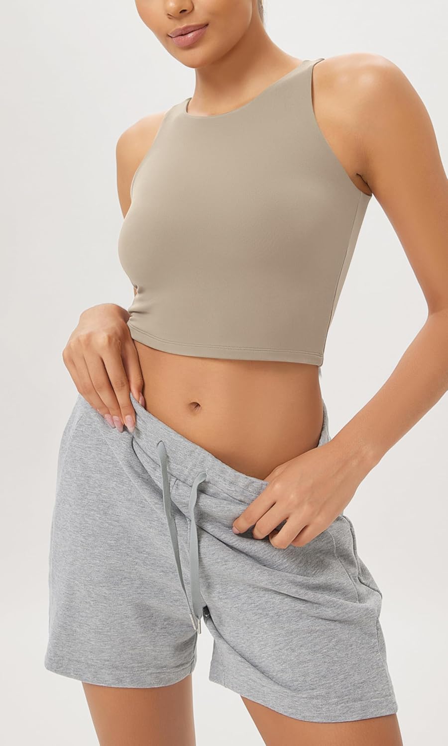 ODODOS Cloud Feeling High Neck Crop Tank for Women Double Layer Sleeveless Casual Yoga Cropped TopsShaker Beige
