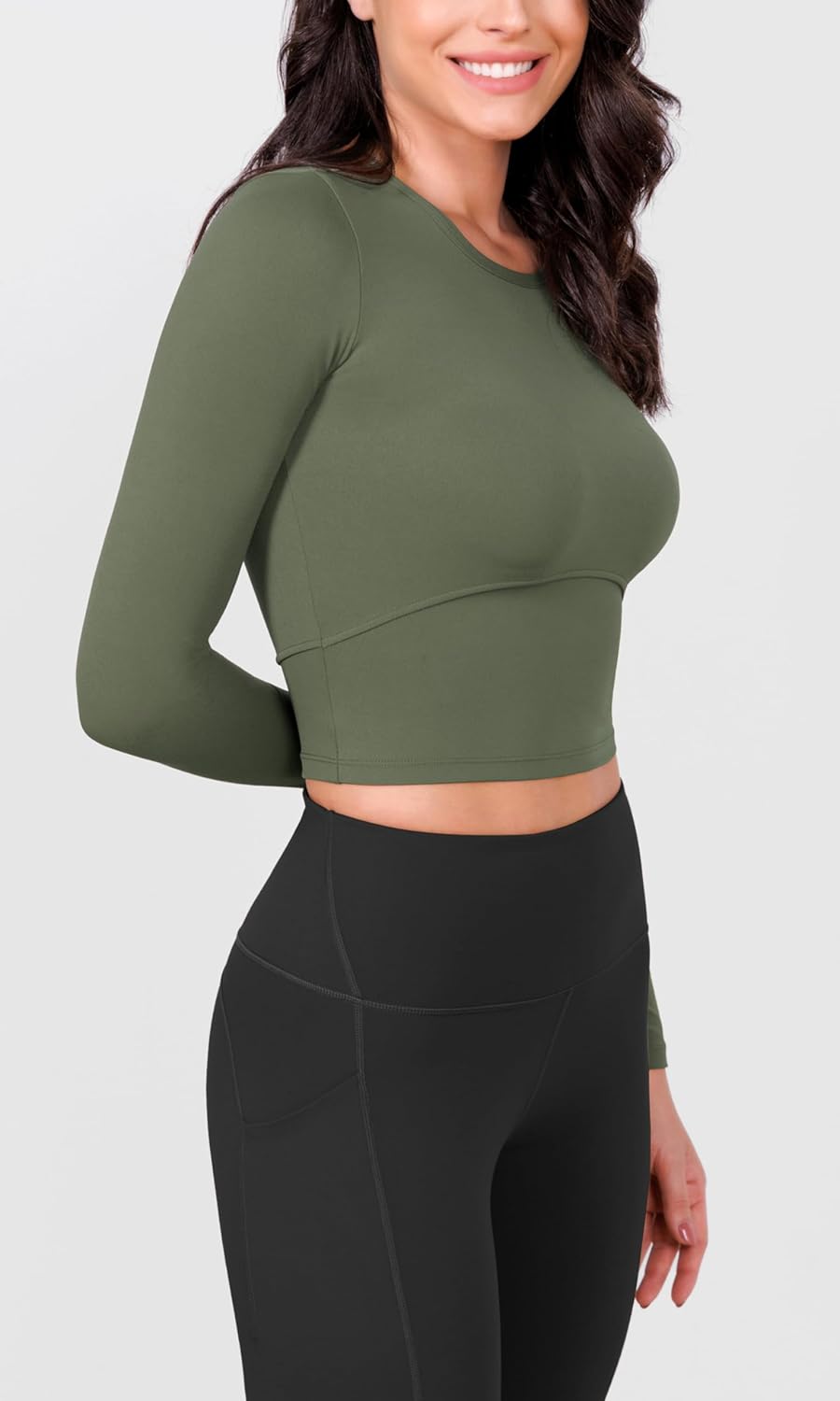 ODODOS Cloud Feeling Long Sleeve Crop Tops for Women Crew Neck Athletic Gym Workout Yoga Tee ShirtsDark Olive