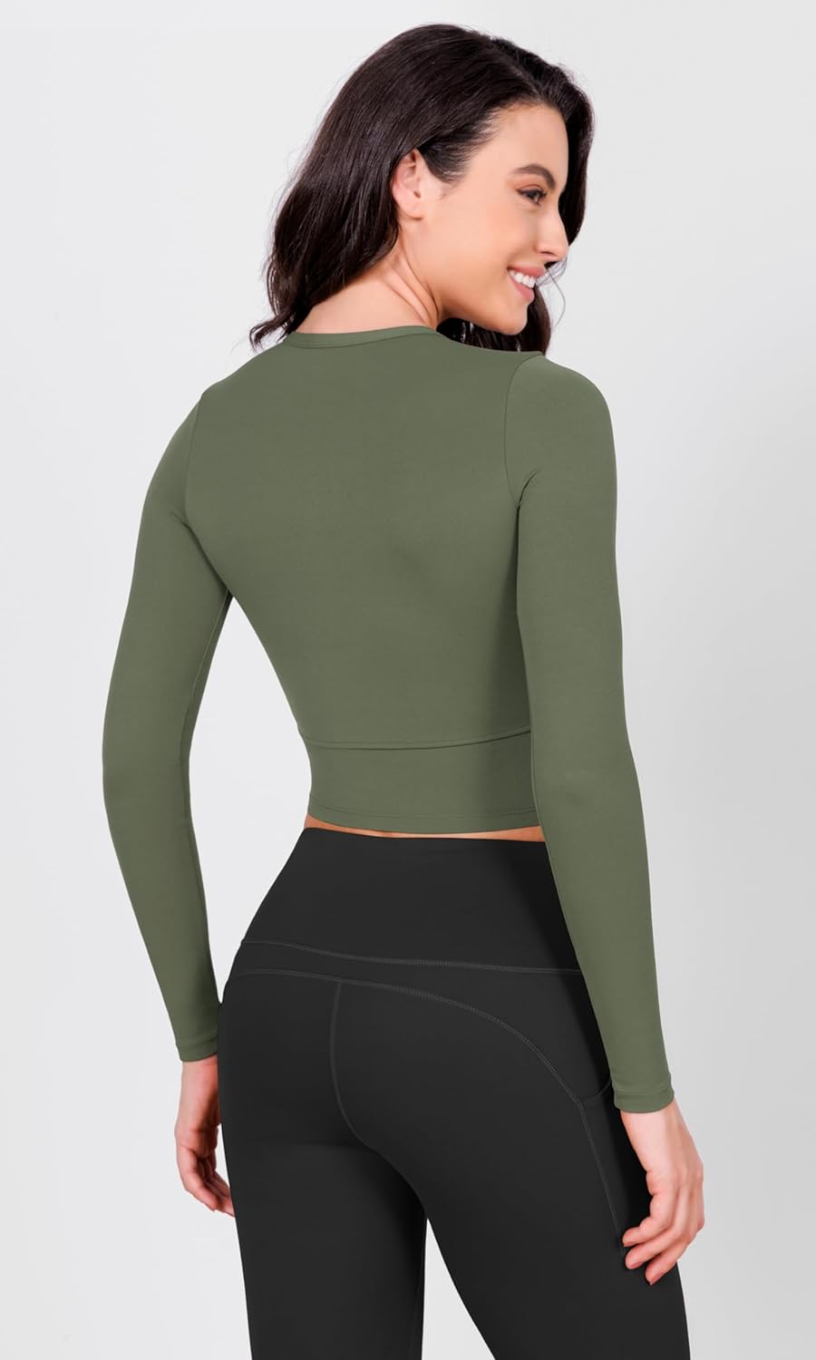 ODODOS Cloud Feeling Long Sleeve Crop Tops for Women Crew Neck Athletic Gym Workout Yoga Tee ShirtsDark Olive