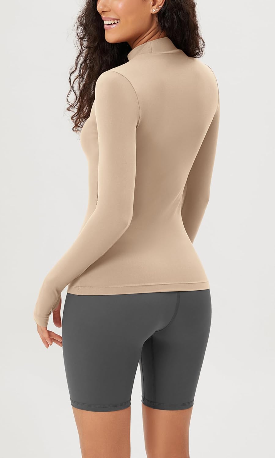 ODODOS Cloud Feeling Long Sleeve Shirts with Thumb Hole for Women Mock Neck Yoga TShirts Workout TopsBeige