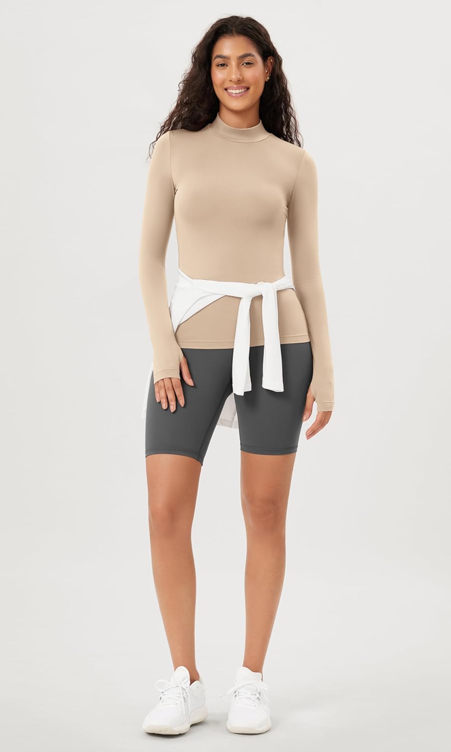 ODODOS Cloud Feeling Long Sleeve Shirts with Thumb Hole for Women Mock Neck Yoga TShirts Workout TopsBeige