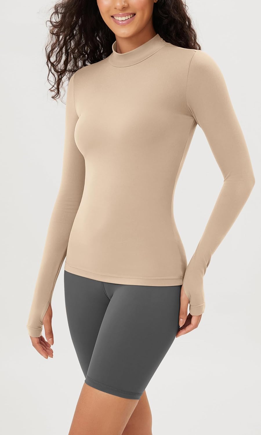ODODOS Cloud Feeling Long Sleeve Shirts with Thumb Hole for Women Mock Neck Yoga TShirts Workout TopsBeige
