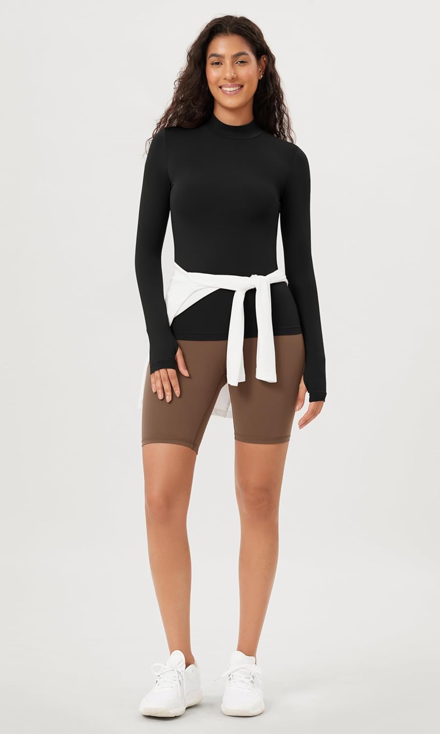 ODODOS Cloud Feeling Long Sleeve Shirts with Thumb Hole for Women Mock Neck Yoga TShirts Workout TopsBlack