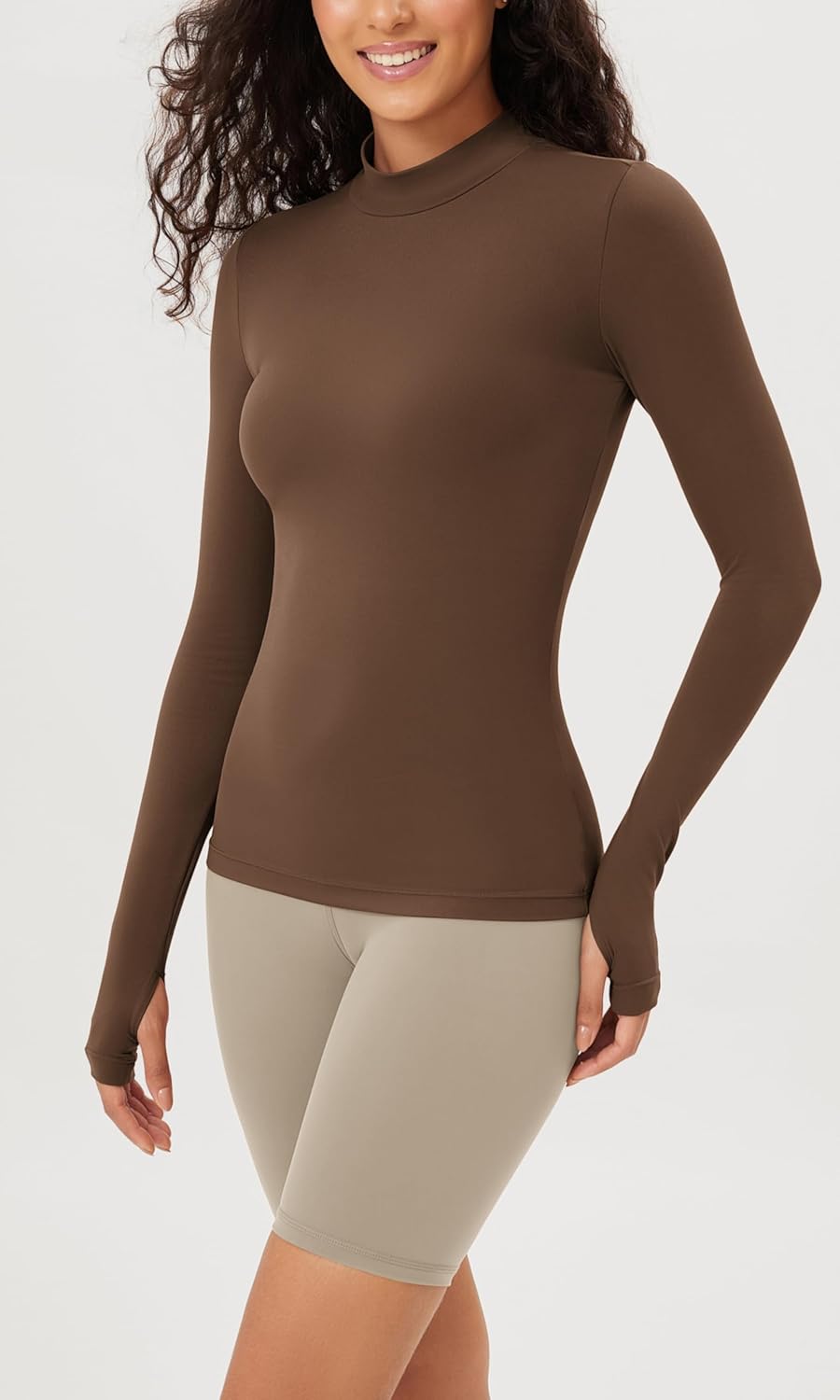 ODODOS Cloud Feeling Long Sleeve Shirts with Thumb Hole for Women Mock Neck Yoga TShirts Workout TopsBrunette