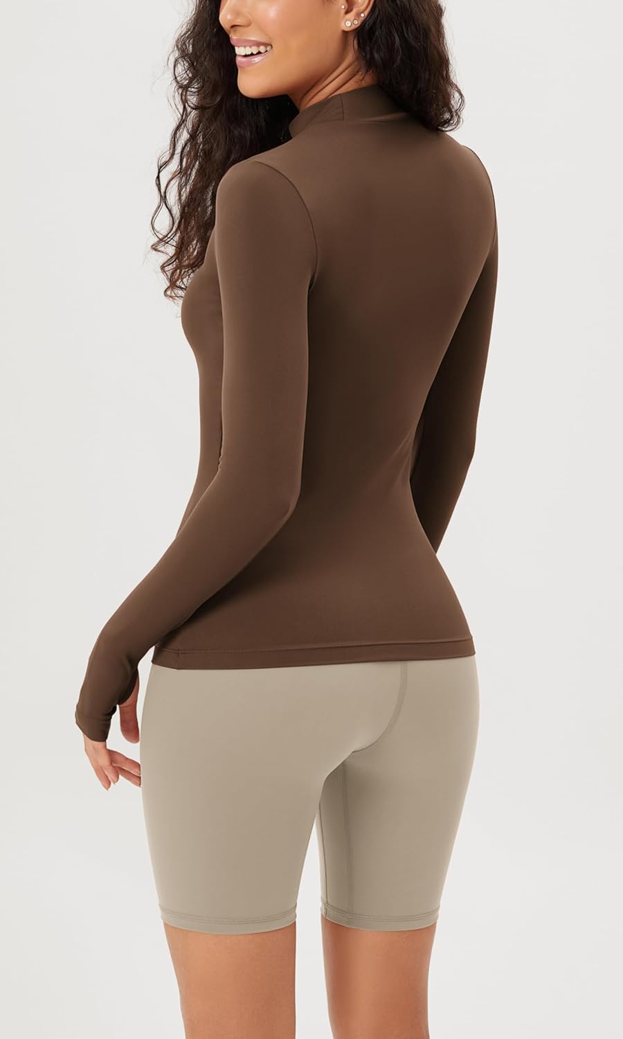 ODODOS Cloud Feeling Long Sleeve Shirts with Thumb Hole for Women Mock Neck Yoga TShirts Workout TopsBrunette