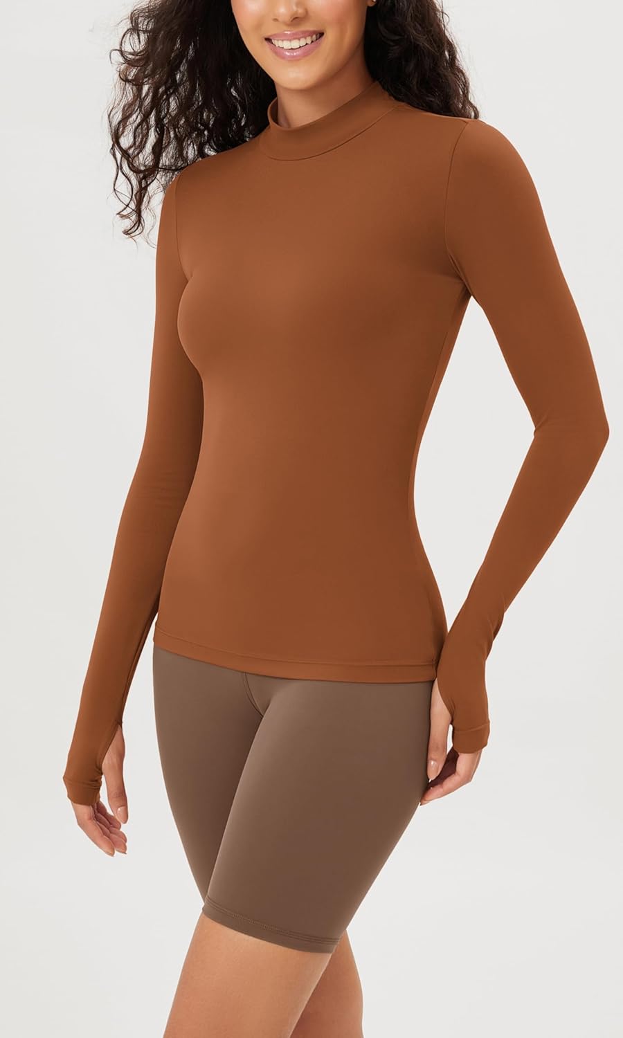 ODODOS Cloud Feeling Long Sleeve Shirts with Thumb Hole for Women Mock Neck Yoga TShirts Workout TopsCaramel