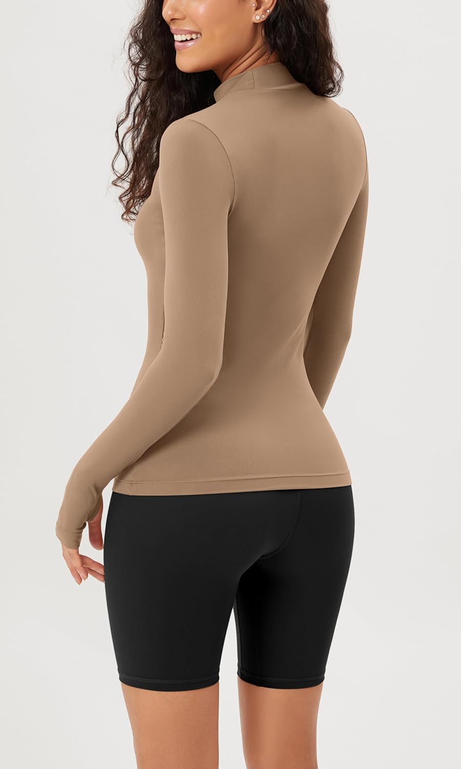 ODODOS Cloud Feeling Long Sleeve Shirts with Thumb Hole for Women Mock Neck Yoga TShirts Workout TopsLight Brown