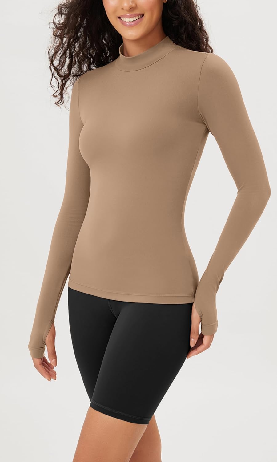 ODODOS Cloud Feeling Long Sleeve Shirts with Thumb Hole for Women Mock Neck Yoga TShirts Workout TopsLight Brown