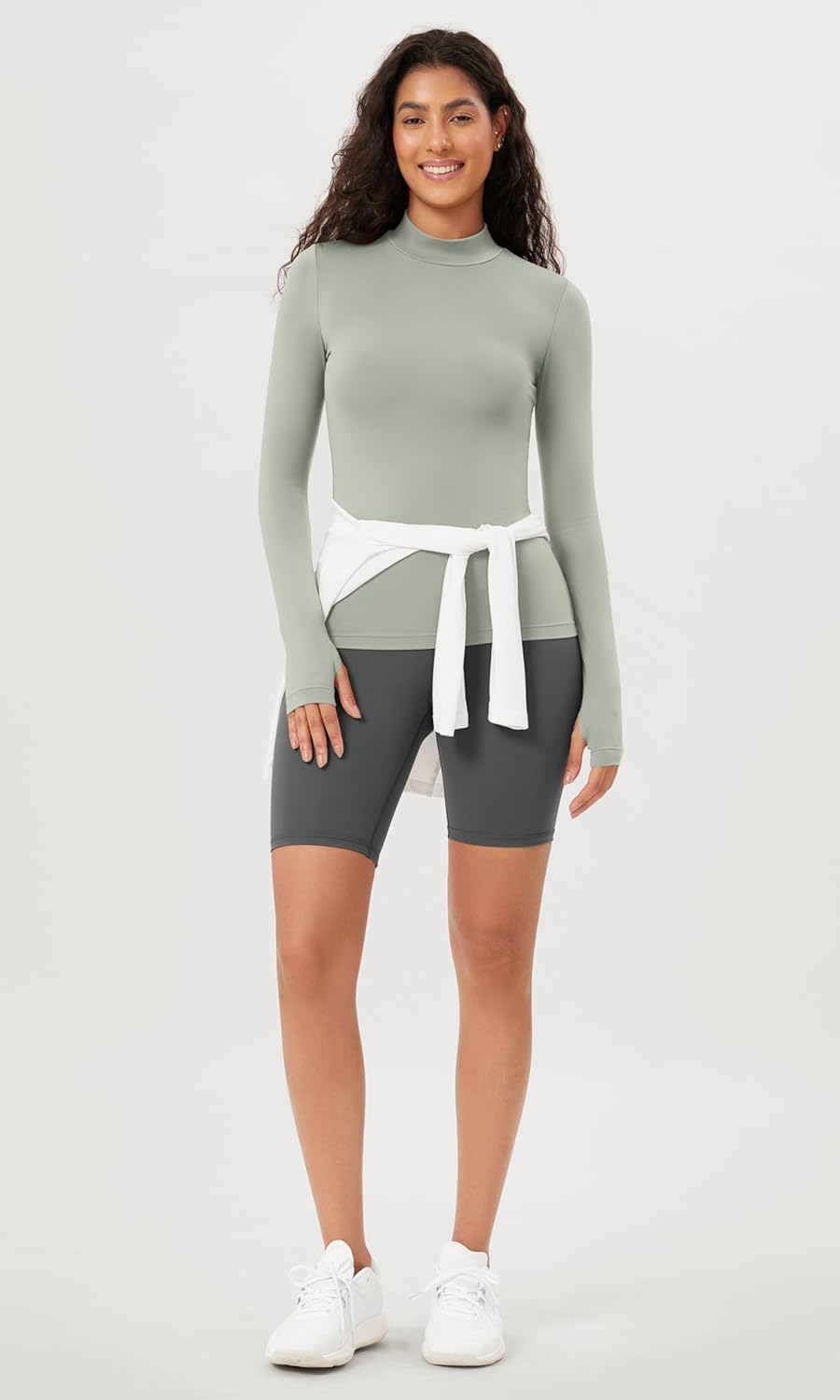 ODODOS Cloud Feeling Long Sleeve Shirts with Thumb Hole for Women Mock Neck Yoga TShirts Workout TopsLime Stone