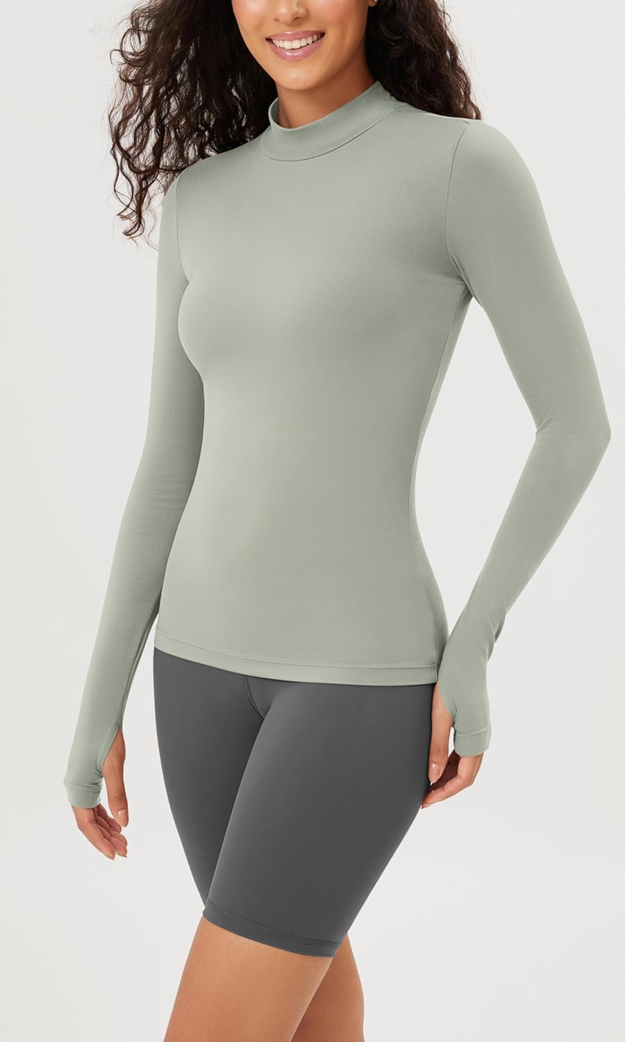 ODODOS Cloud Feeling Long Sleeve Shirts with Thumb Hole for Women Mock Neck Yoga TShirts Workout TopsLime Stone