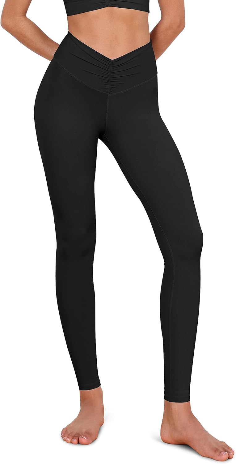 ODODOS Cloud Feeling Ruched Yoga Leggings for Women 25quot  28quot High Waist Crossover Yoga PantsBlack
