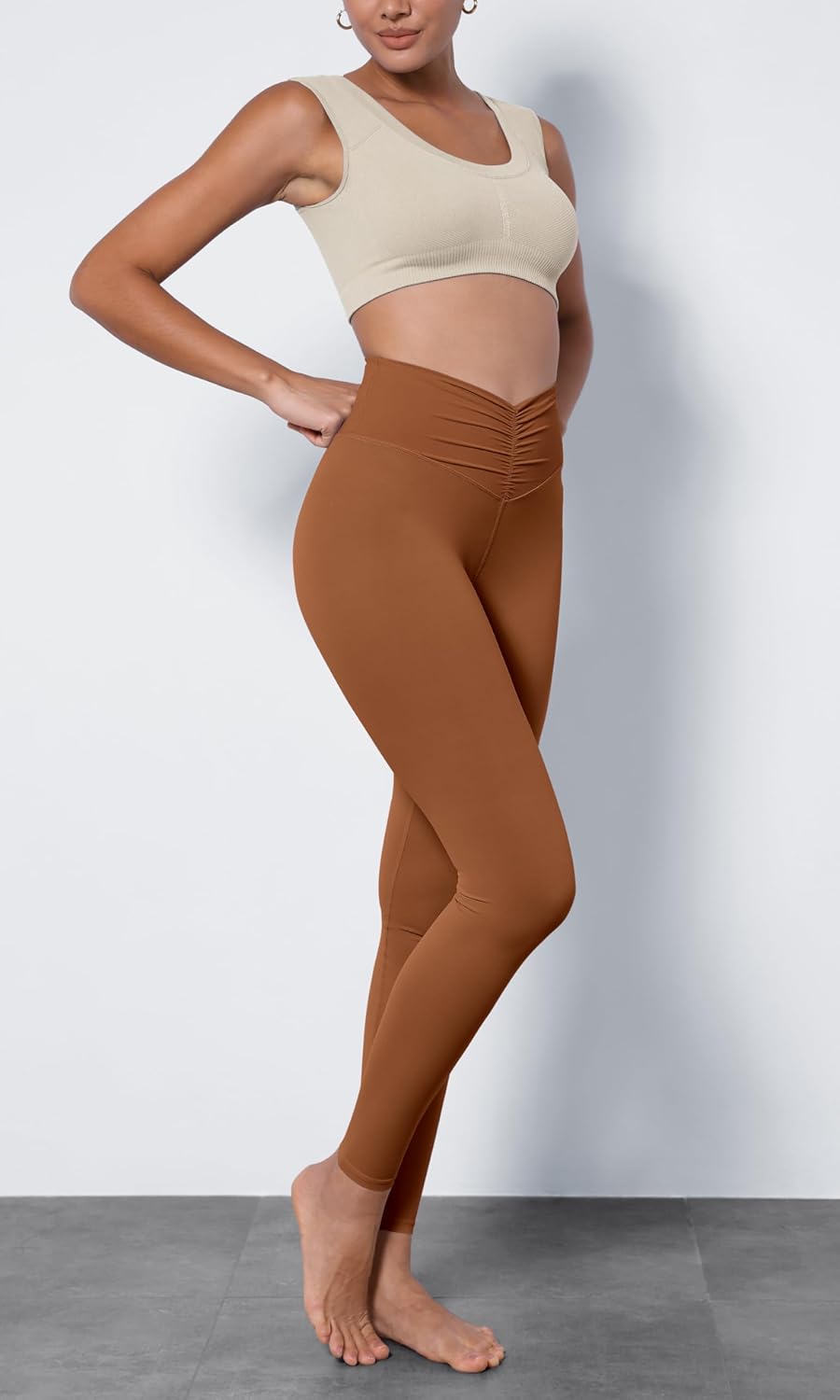 ODODOS Cloud Feeling Ruched Yoga Leggings for Women 25quot  28quot High Waist Crossover Yoga PantsCaramel