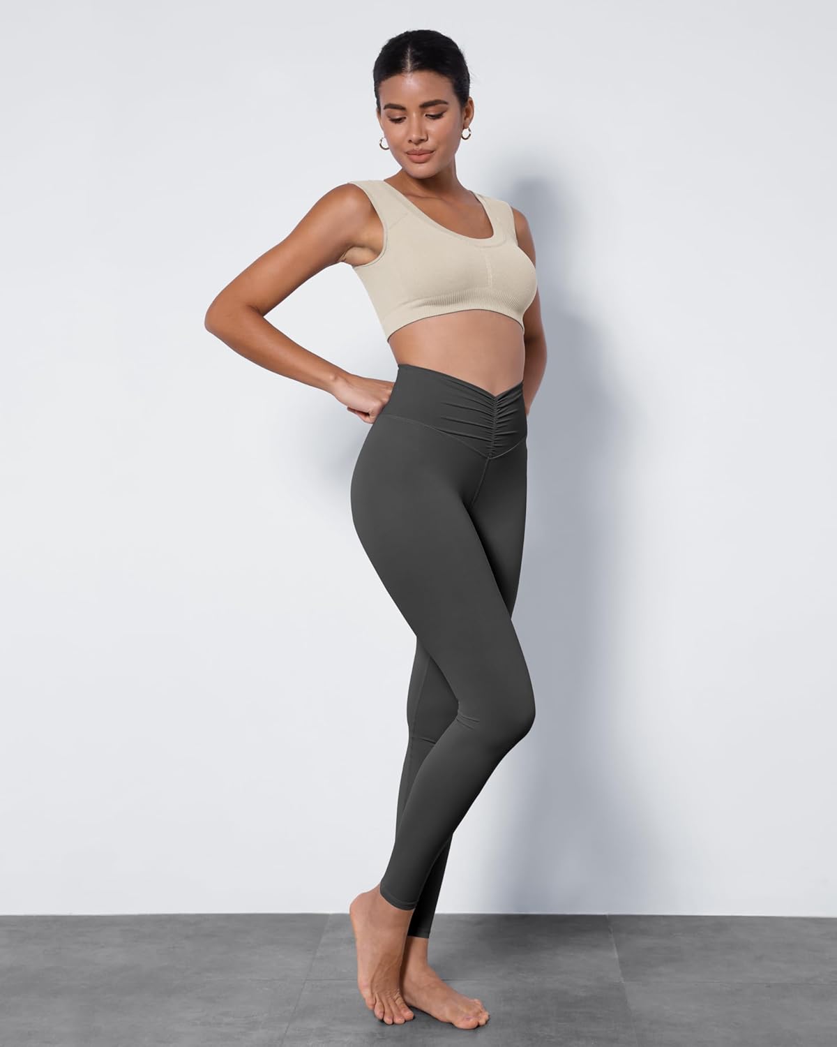 ODODOS Cloud Feeling Ruched Yoga Leggings for Women 25quot  28quot High Waist Crossover Yoga PantsCharcoal
