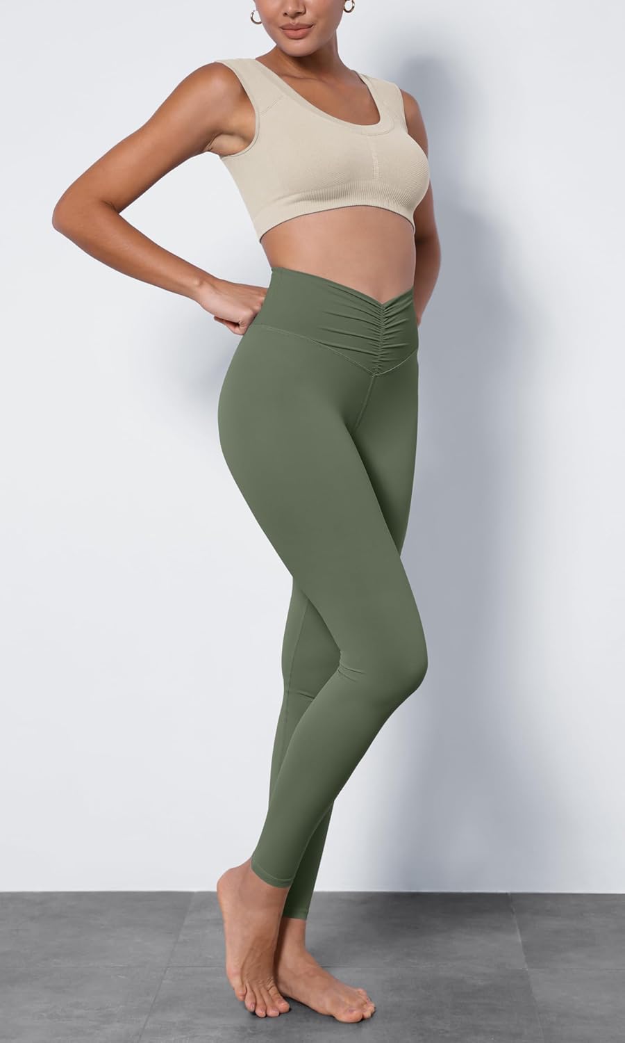 ODODOS Cloud Feeling Ruched Yoga Leggings for Women 25quot  28quot High Waist Crossover Yoga PantsDark Olive