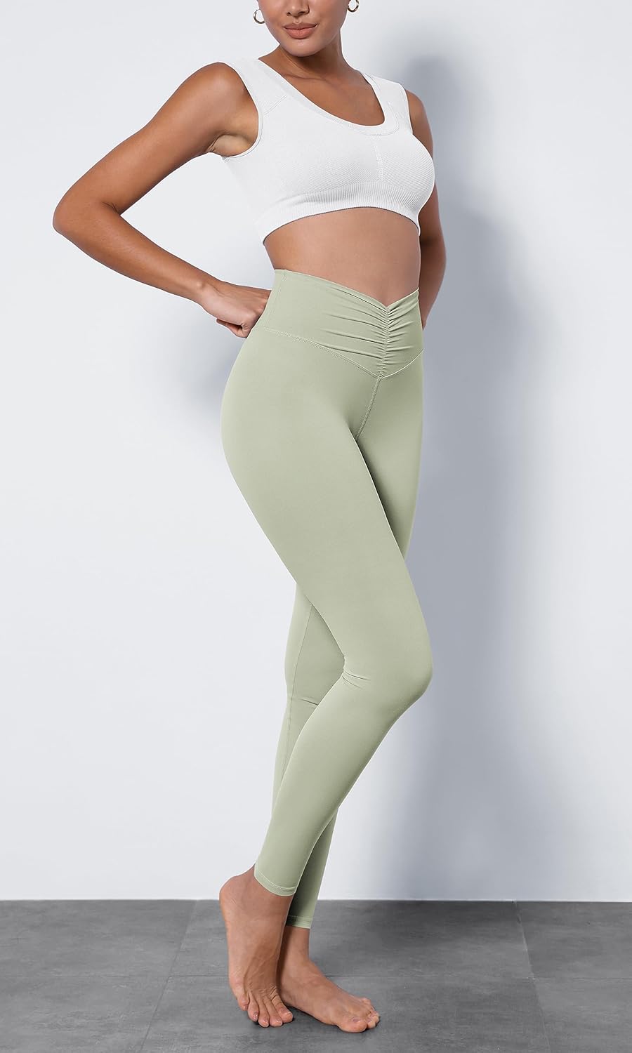 ODODOS Cloud Feeling Ruched Yoga Leggings for Women 25quot  28quot High Waist Crossover Yoga PantsLime Stone