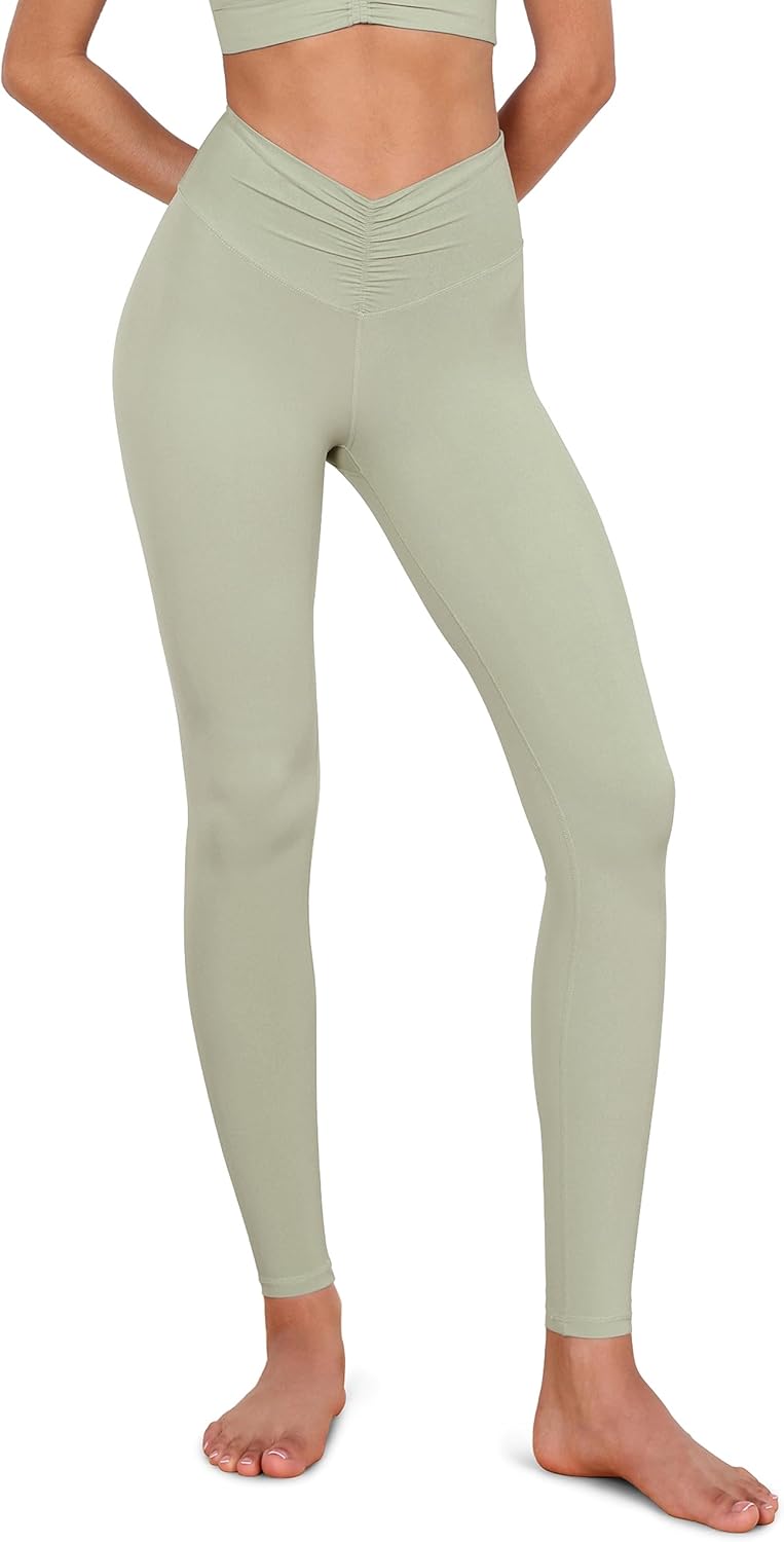 ODODOS Cloud Feeling Ruched Yoga Leggings for Women 25quot  28quot High Waist Crossover Yoga PantsLime Stone