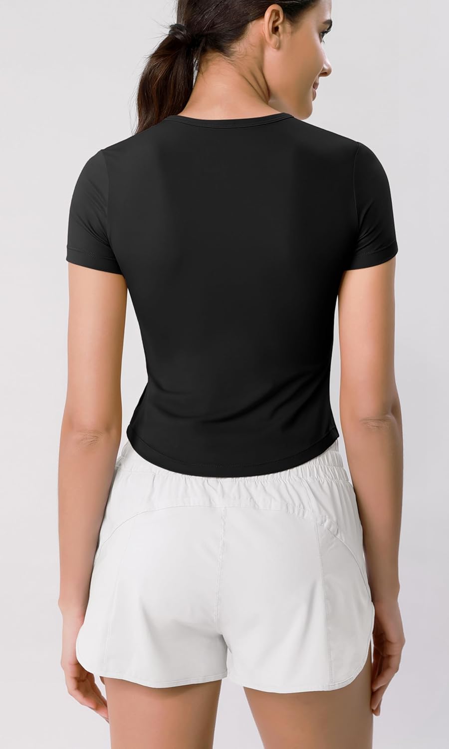 ODODOS Cloud Feeling Short Sleeve Tee for Women Curved Hem Crew Neck Crop Tops Summer Yoga TShirtsBlack