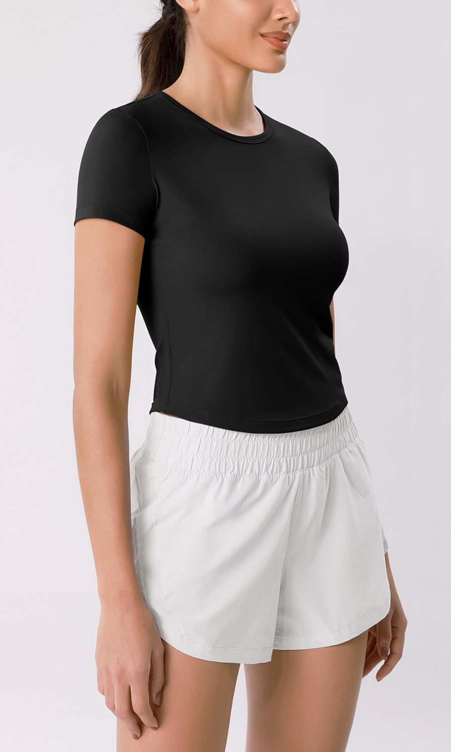 ODODOS Cloud Feeling Short Sleeve Tee for Women Curved Hem Crew Neck Crop Tops Summer Yoga TShirtsBlack
