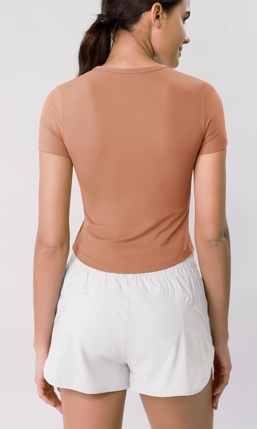ODODOS Cloud Feeling Short Sleeve Tee for Women Curved Hem Crew Neck Crop Tops Summer Yoga TShirtsBrown