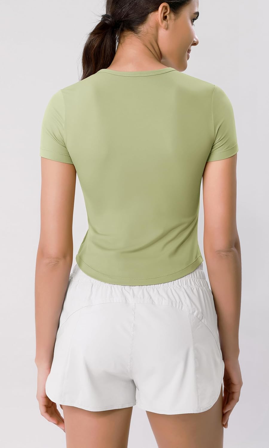 ODODOS Cloud Feeling Short Sleeve Tee for Women Curved Hem Crew Neck Crop Tops Summer Yoga TShirtsCeladon Green