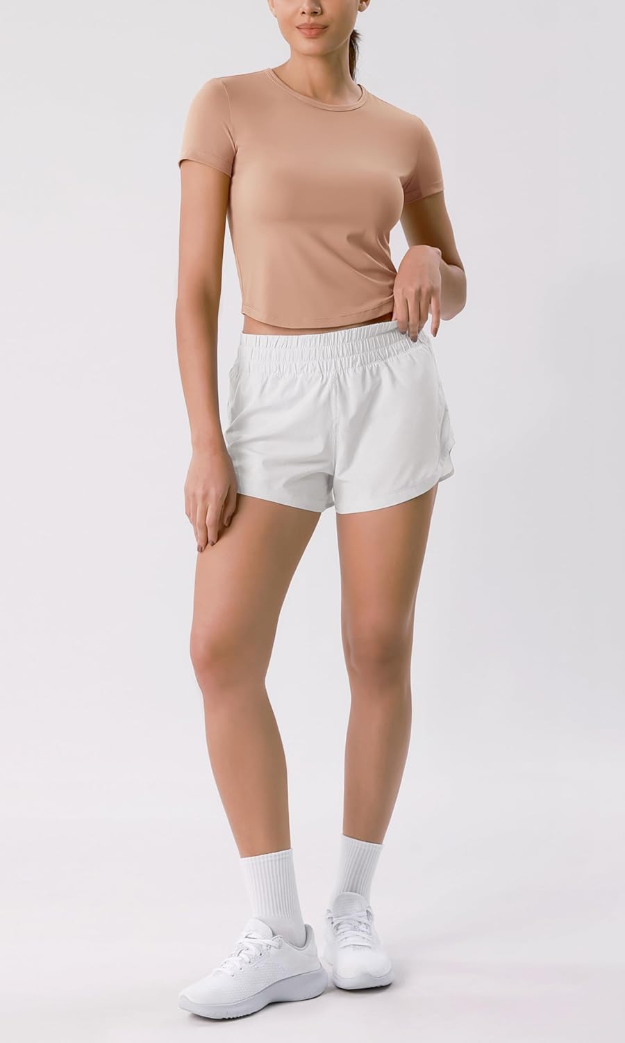 ODODOS Cloud Feeling Short Sleeve Tee for Women Curved Hem Crew Neck Crop Tops Summer Yoga TShirtsClay