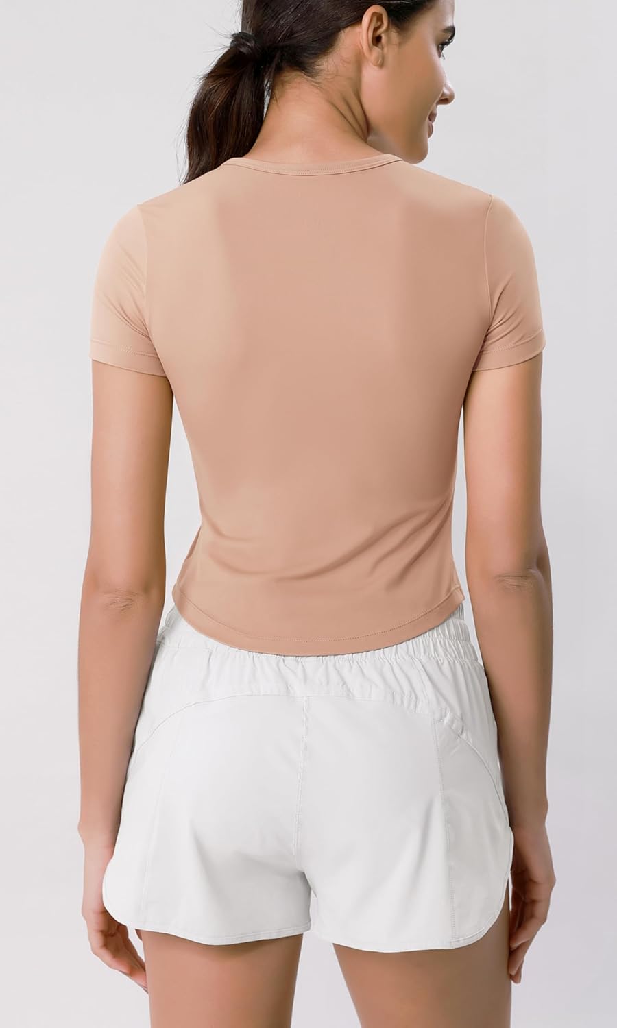ODODOS Cloud Feeling Short Sleeve Tee for Women Curved Hem Crew Neck Crop Tops Summer Yoga TShirtsClay