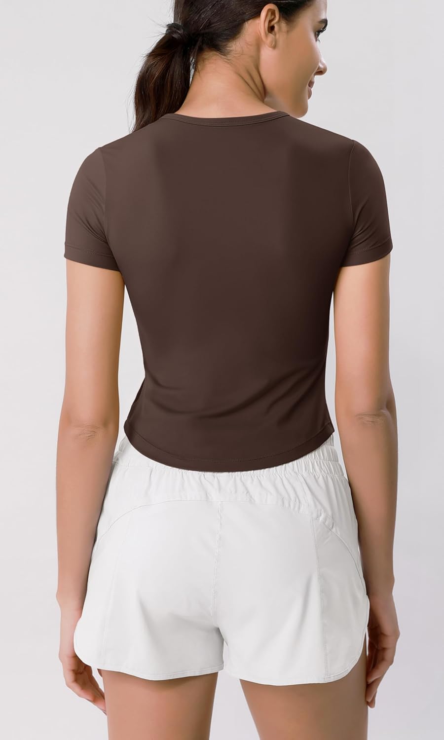 ODODOS Cloud Feeling Short Sleeve Tee for Women Curved Hem Crew Neck Crop Tops Summer Yoga TShirtsCocoa