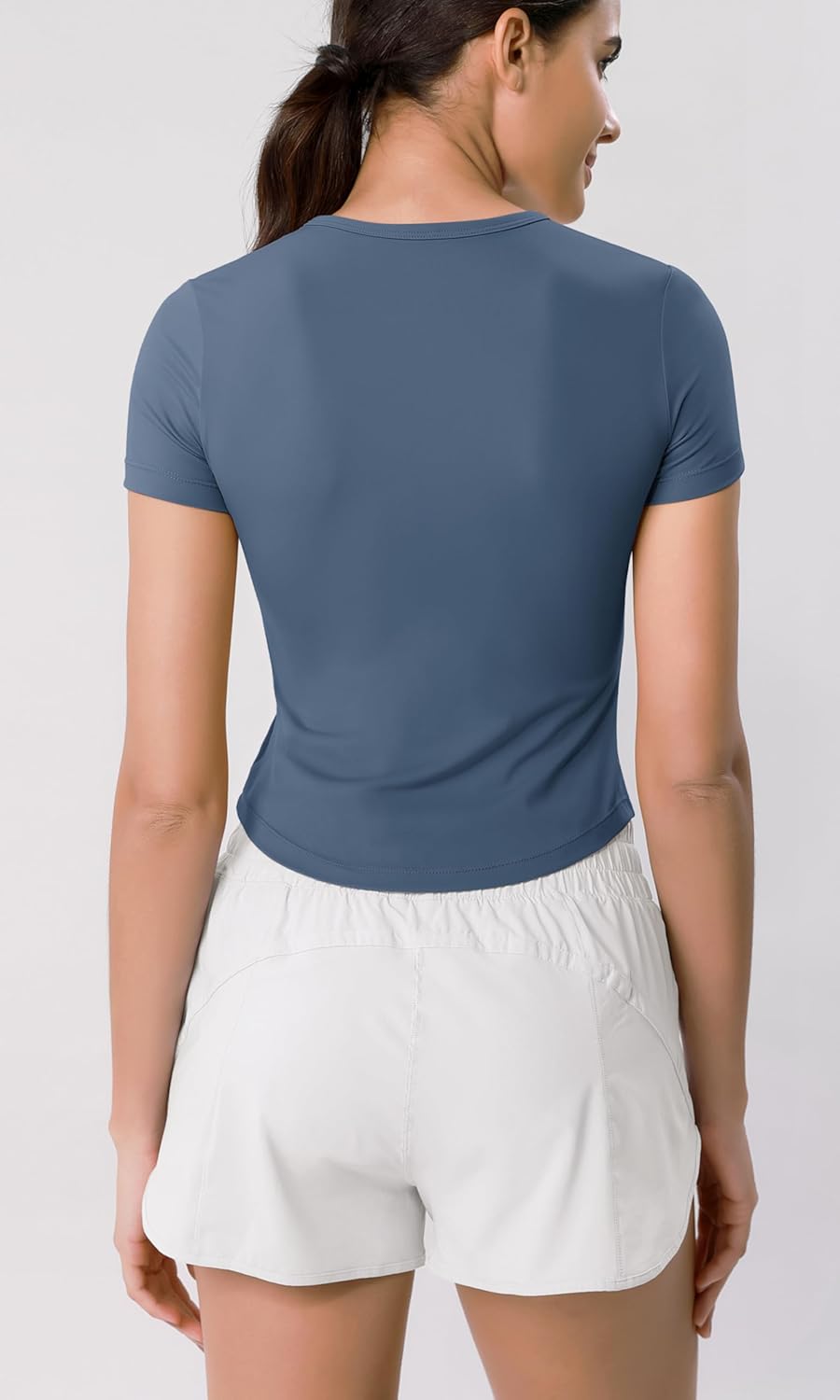ODODOS Cloud Feeling Short Sleeve Tee for Women Curved Hem Crew Neck Crop Tops Summer Yoga TShirtsInk Blue