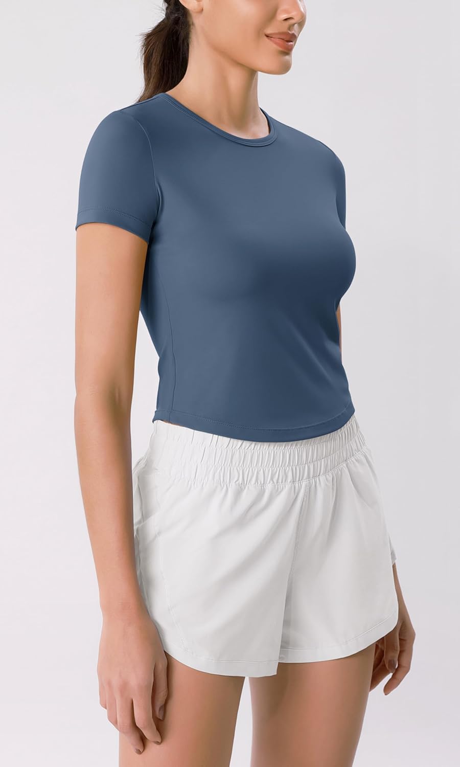 ODODOS Cloud Feeling Short Sleeve Tee for Women Curved Hem Crew Neck Crop Tops Summer Yoga TShirtsInk Blue