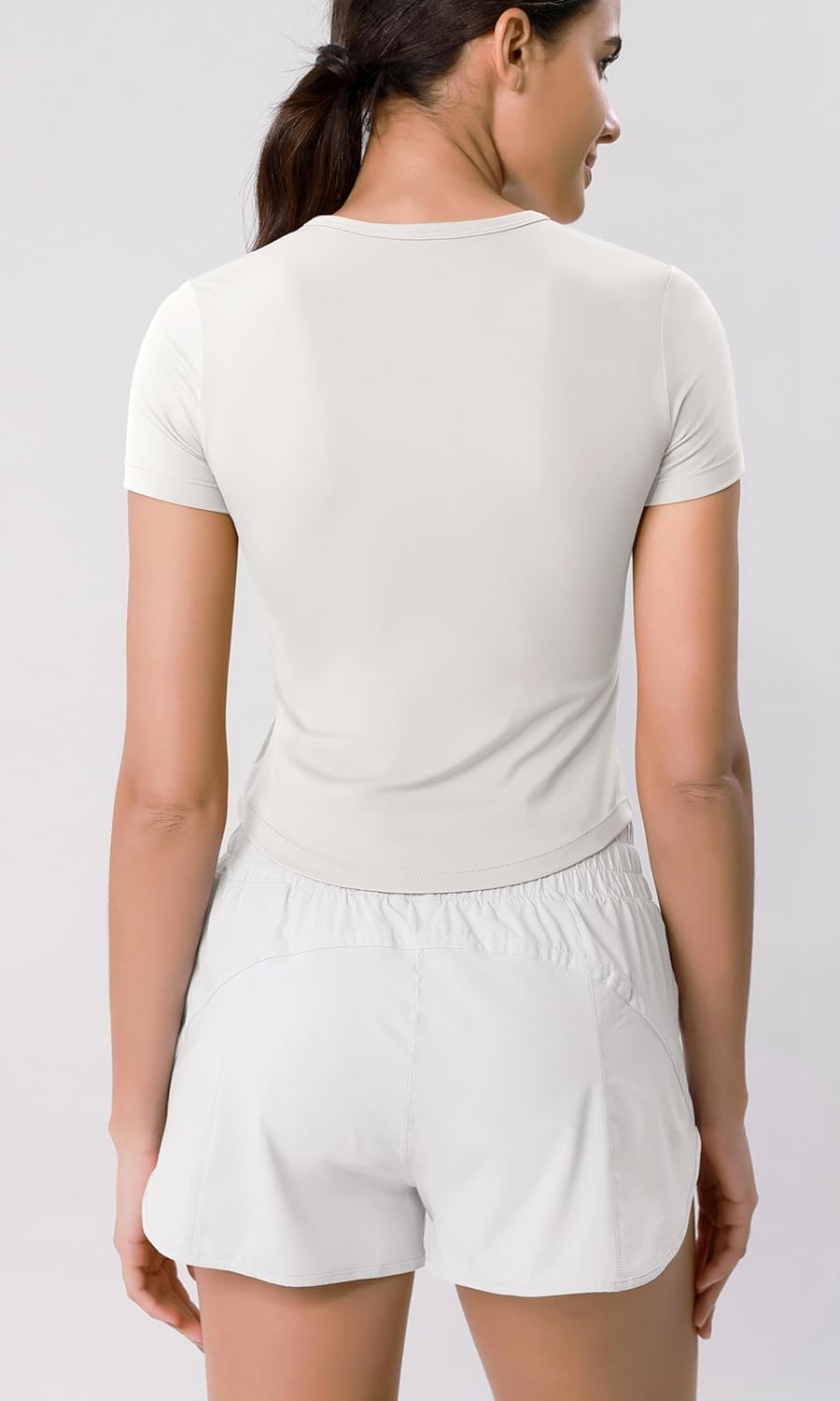 ODODOS Cloud Feeling Short Sleeve Tee for Women Curved Hem Crew Neck Crop Tops Summer Yoga TShirtsWhite