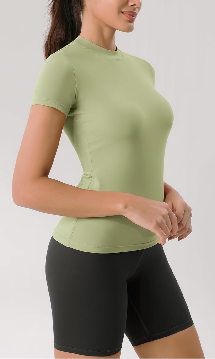ODODOS Cloud Feeling Short Sleeve Tee for Women Mock Neck Summer Basic TShirts Yoga TopsCeladon Green