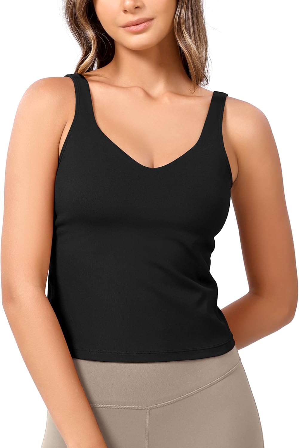 ODODOS Cloud Feeling Tank Bra for Women U Back Wirefree Longline Sports Bra Yoga Crop TopBlack
