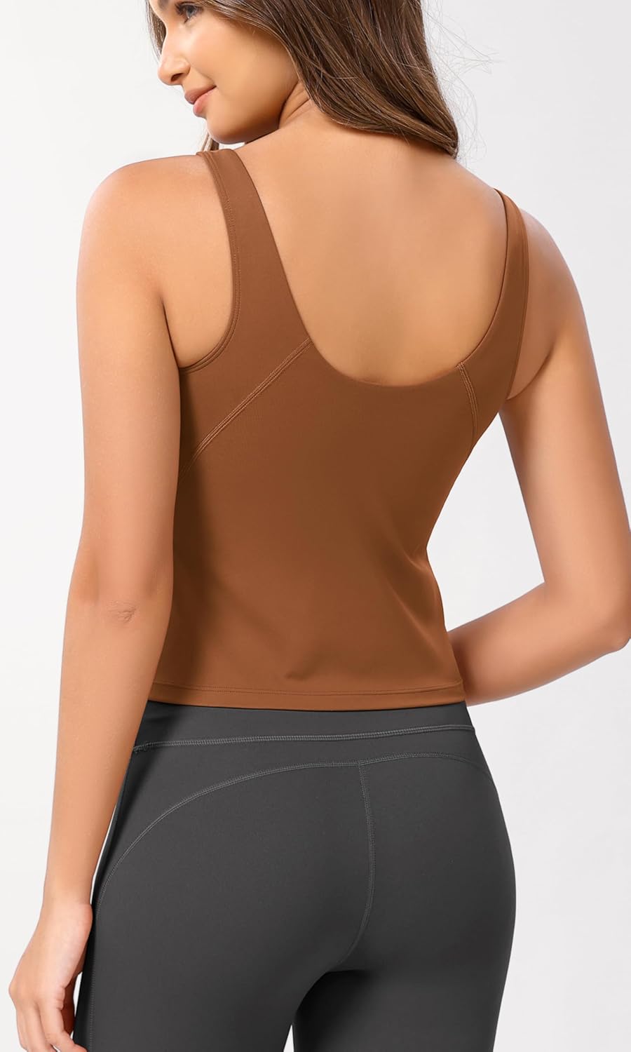 ODODOS Cloud Feeling Tank Bra for Women U Back Wirefree Longline Sports Bra Yoga Crop TopCaramel