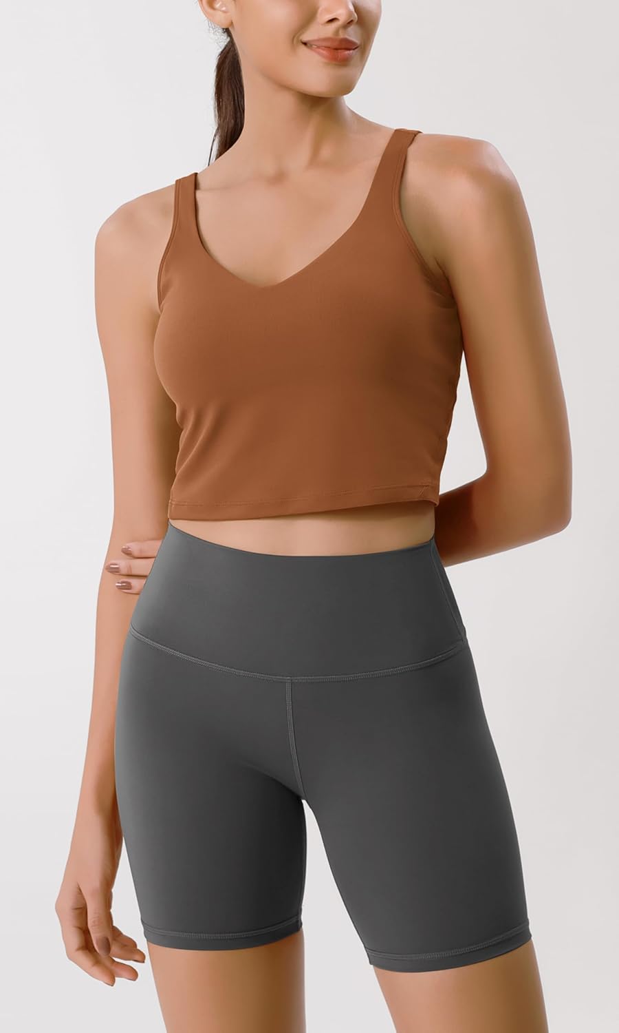 ODODOS Cloud Feeling Tank Bra for Women U Back Wirefree Longline Sports Bra Yoga Crop TopCaramel
