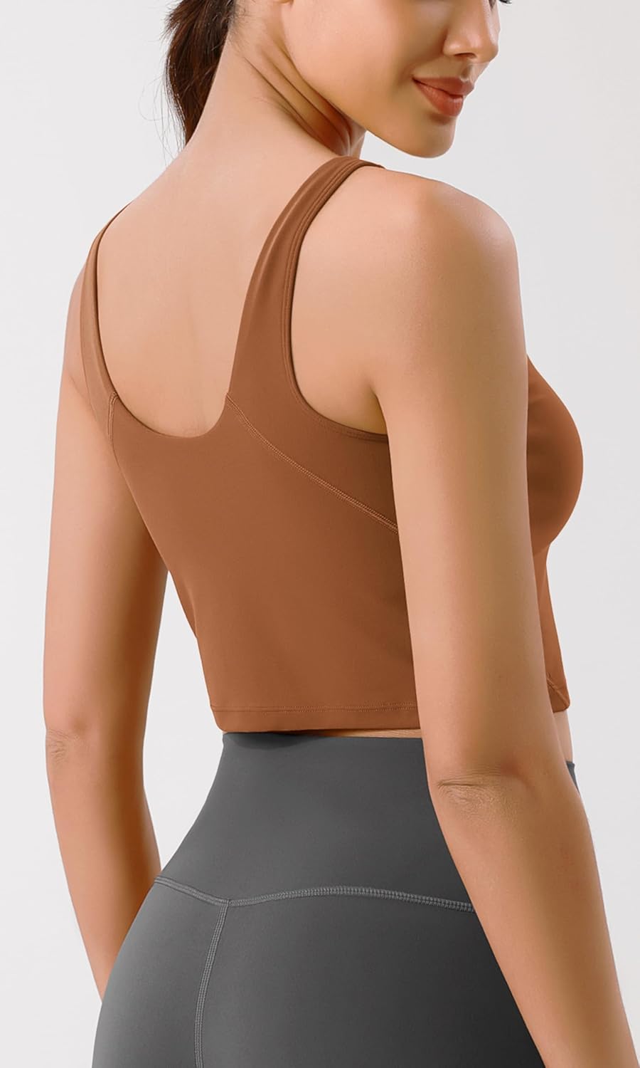 ODODOS Cloud Feeling Tank Bra for Women U Back Wirefree Longline Sports Bra Yoga Crop TopCaramel