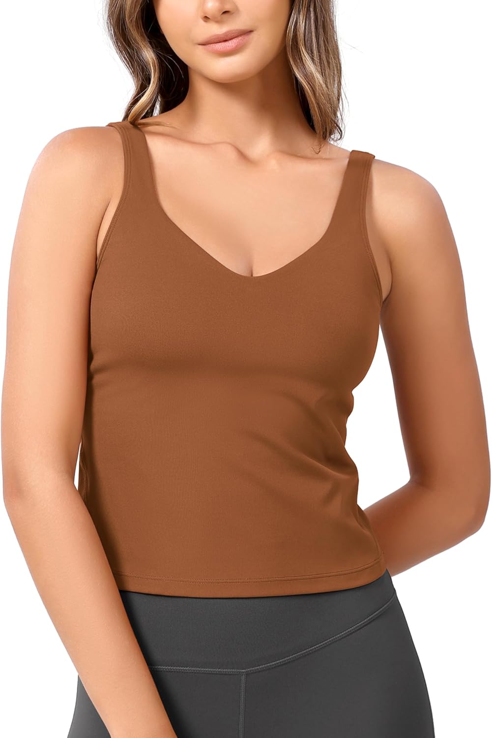 ODODOS Cloud Feeling Tank Bra for Women U Back Wirefree Longline Sports Bra Yoga Crop TopCaramel