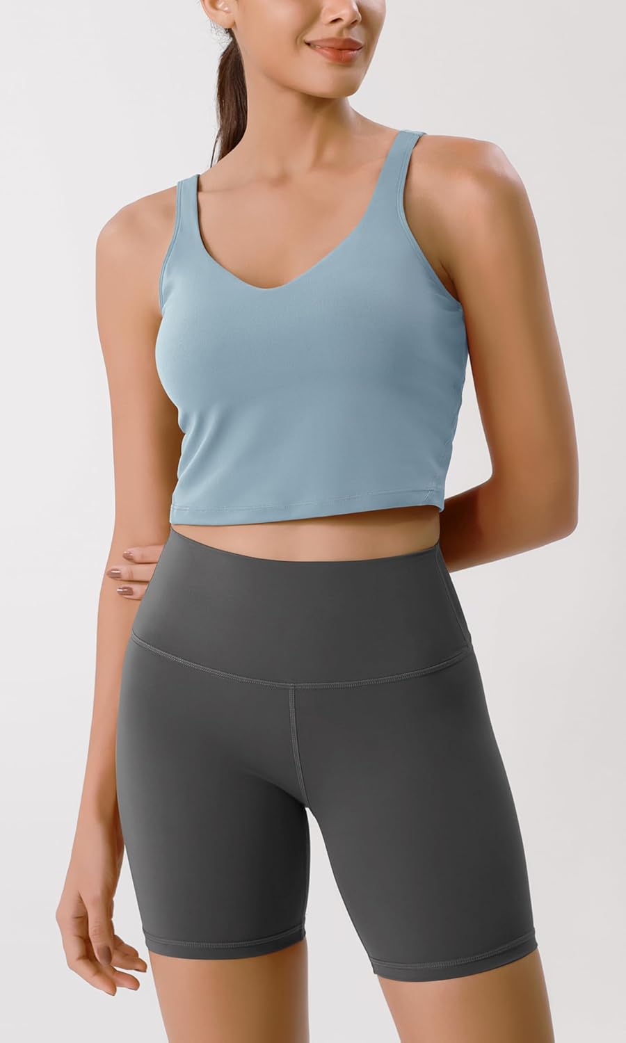 ODODOS Cloud Feeling Tank Bra for Women U Back Wirefree Longline Sports Bra Yoga Crop TopChambray