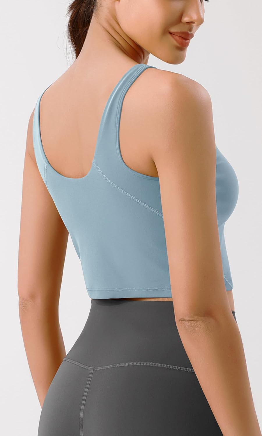 ODODOS Cloud Feeling Tank Bra for Women U Back Wirefree Longline Sports Bra Yoga Crop TopChambray