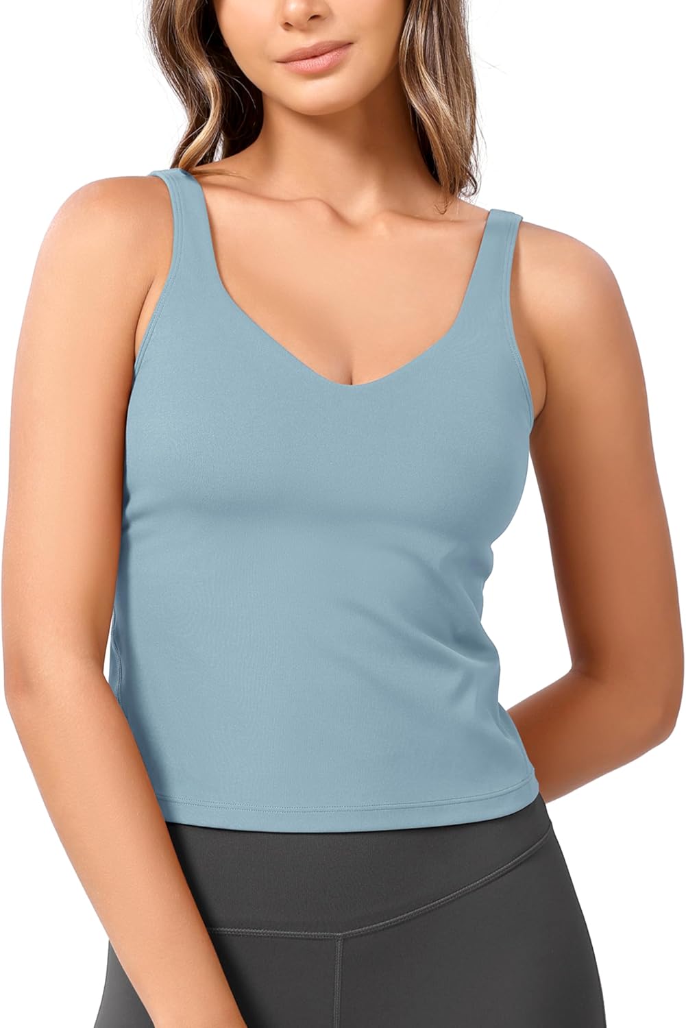 ODODOS Cloud Feeling Tank Bra for Women U Back Wirefree Longline Sports Bra Yoga Crop TopChambray
