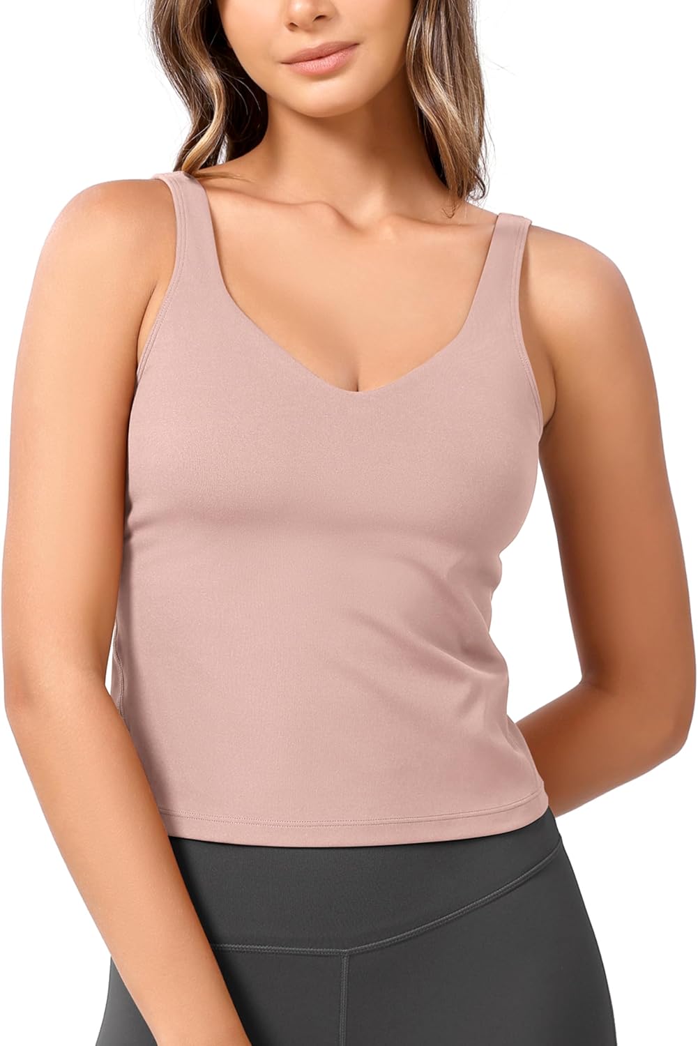 ODODOS Cloud Feeling Tank Bra for Women U Back Wirefree Longline Sports Bra Yoga Crop TopDusty Pink