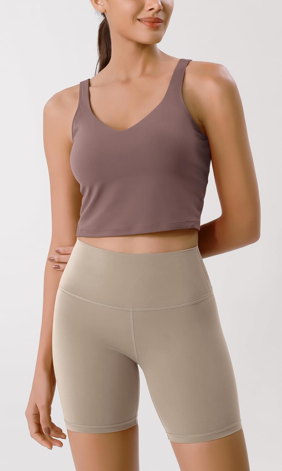 ODODOS Cloud Feeling Tank Bra for Women U Back Wirefree Longline Sports Bra Yoga Crop TopPurple Taupe