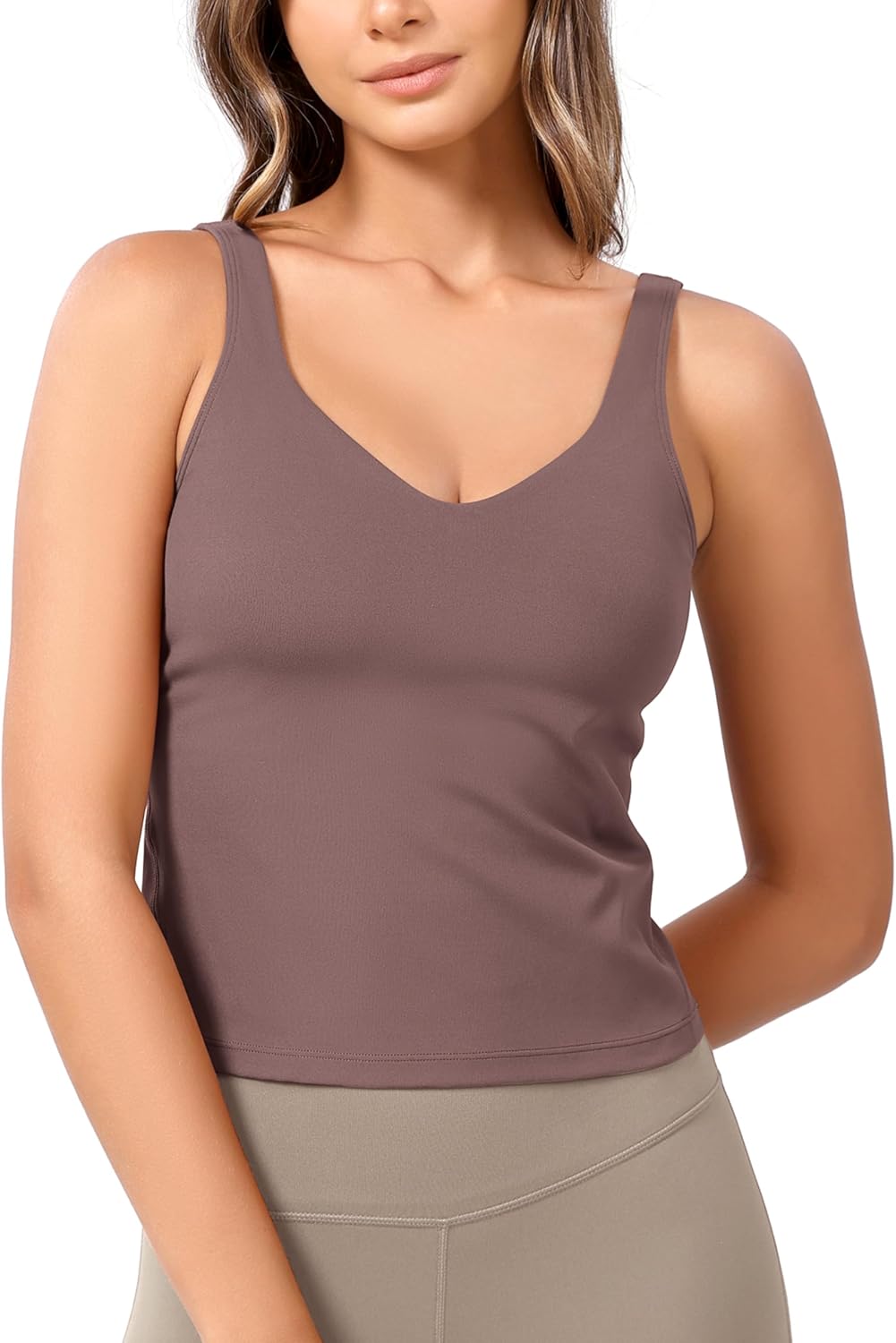ODODOS Cloud Feeling Tank Bra for Women U Back Wirefree Longline Sports Bra Yoga Crop TopPurple Taupe