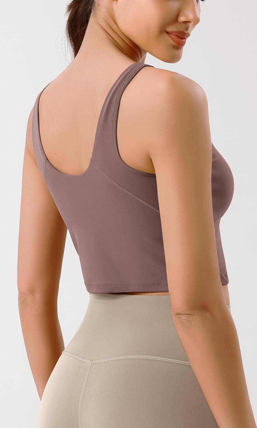 ODODOS Cloud Feeling Tank Bra for Women U Back Wirefree Longline Sports Bra Yoga Crop TopPurple Taupe