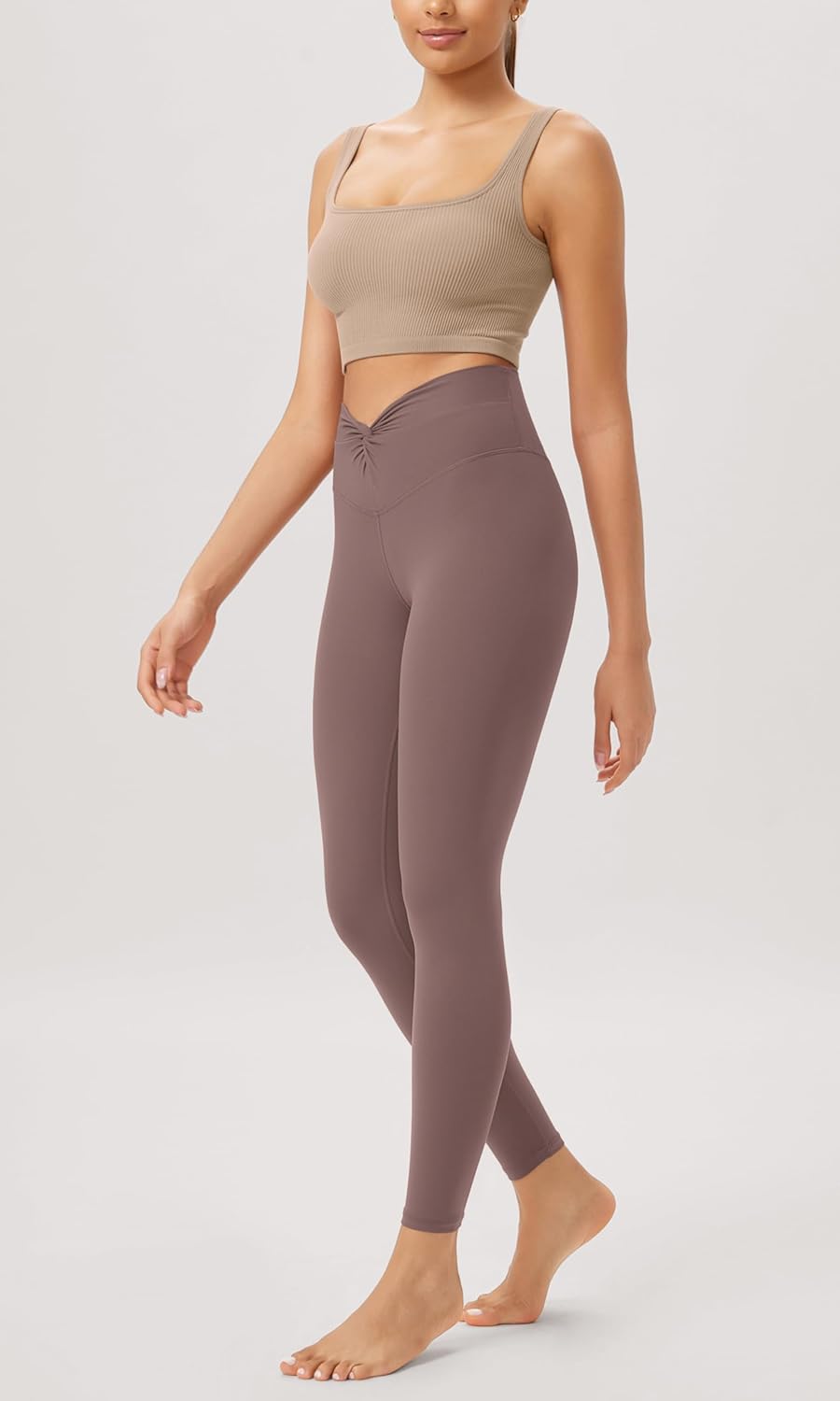 ODODOS Cloud Feeling Twist Yoga Leggings for Women 25quot  28quot High Waist Crossover Yoga PantsPurple Taupe