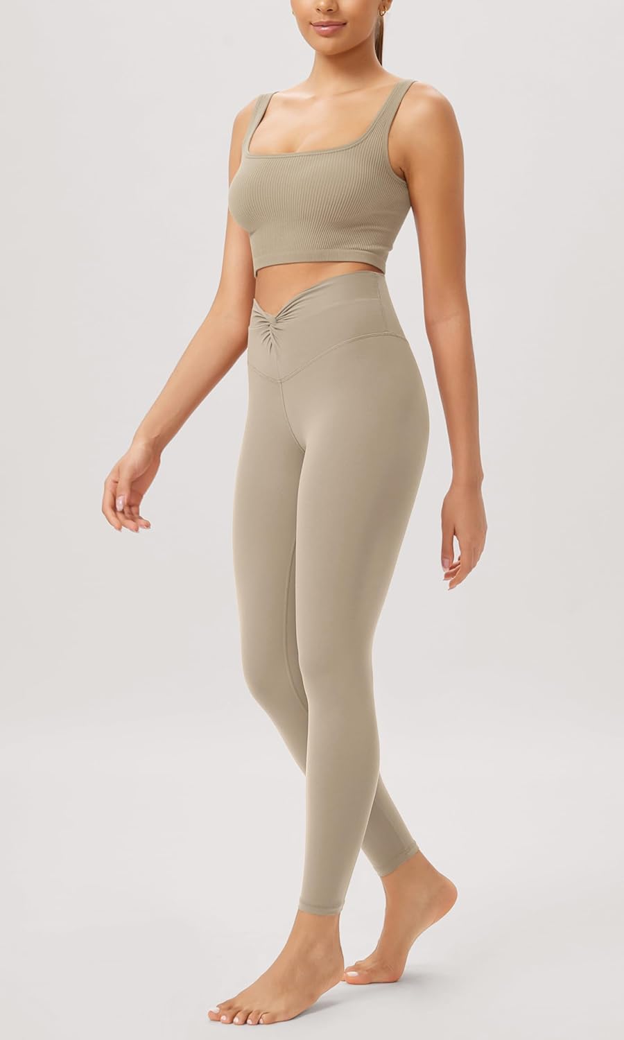 ODODOS Cloud Feeling Twist Yoga Leggings for Women 25quot  28quot High Waist Crossover Yoga PantsShaker Beige