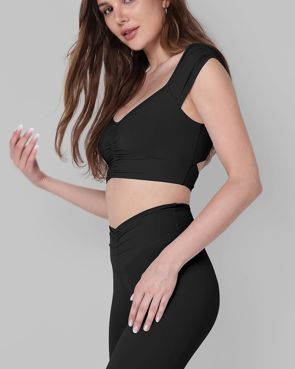 ODODOS Ruched Front Crop Tank for Women VNeck Cut Out Back Cap Sleeve Cropped TopsBlack