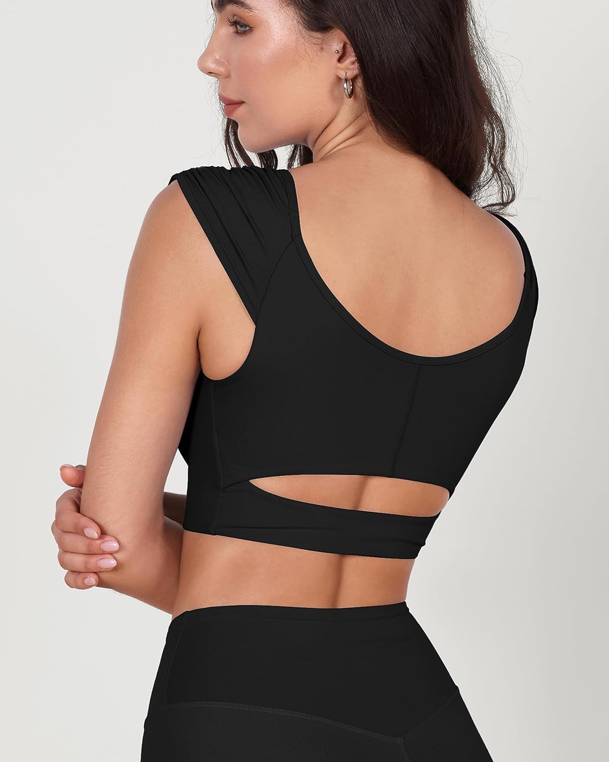 ODODOS Ruched Front Crop Tank for Women VNeck Cut Out Back Cap Sleeve Cropped TopsBlack