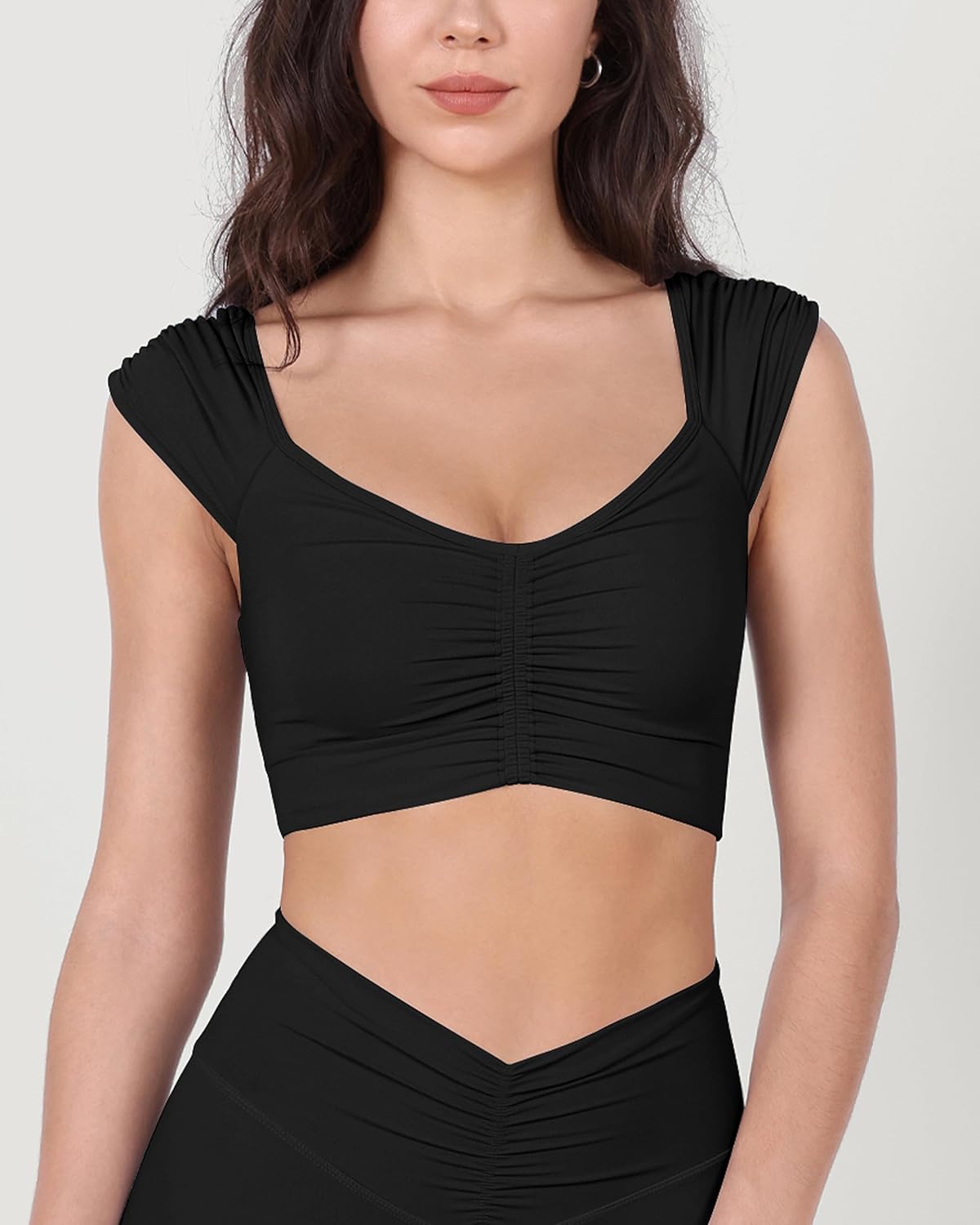 ODODOS Ruched Front Crop Tank for Women VNeck Cut Out Back Cap Sleeve Cropped TopsBlack
