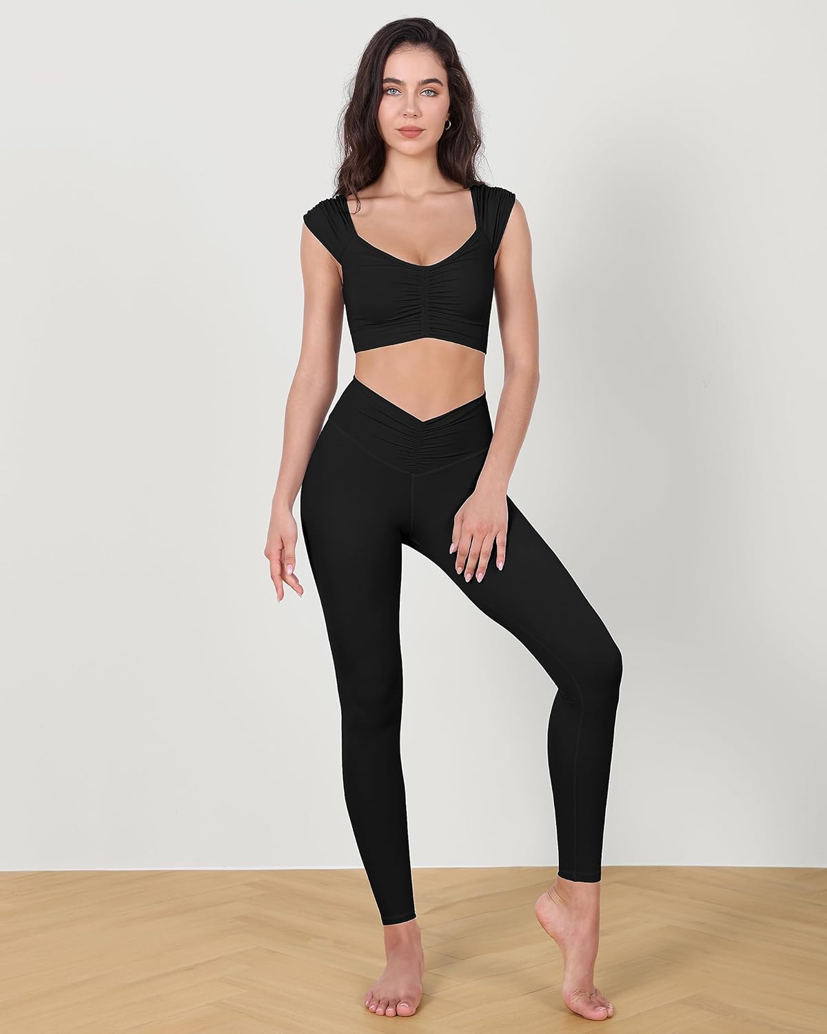ODODOS Ruched Front Crop Tank for Women VNeck Cut Out Back Cap Sleeve Cropped TopsBlack