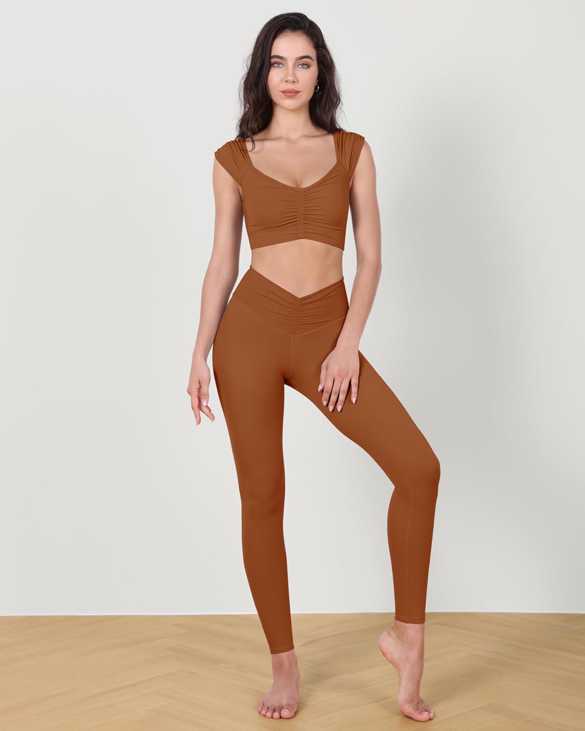 ODODOS Ruched Front Crop Tank for Women VNeck Cut Out Back Cap Sleeve Cropped TopsCaramel